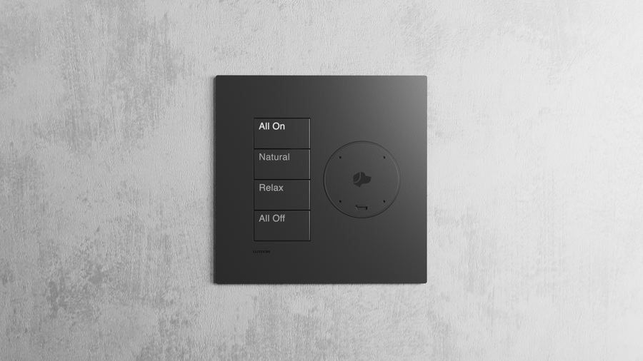 Josh.ai wall plate with Lutron Palladiom buttons reading, All On, Natural, Relax, All Off